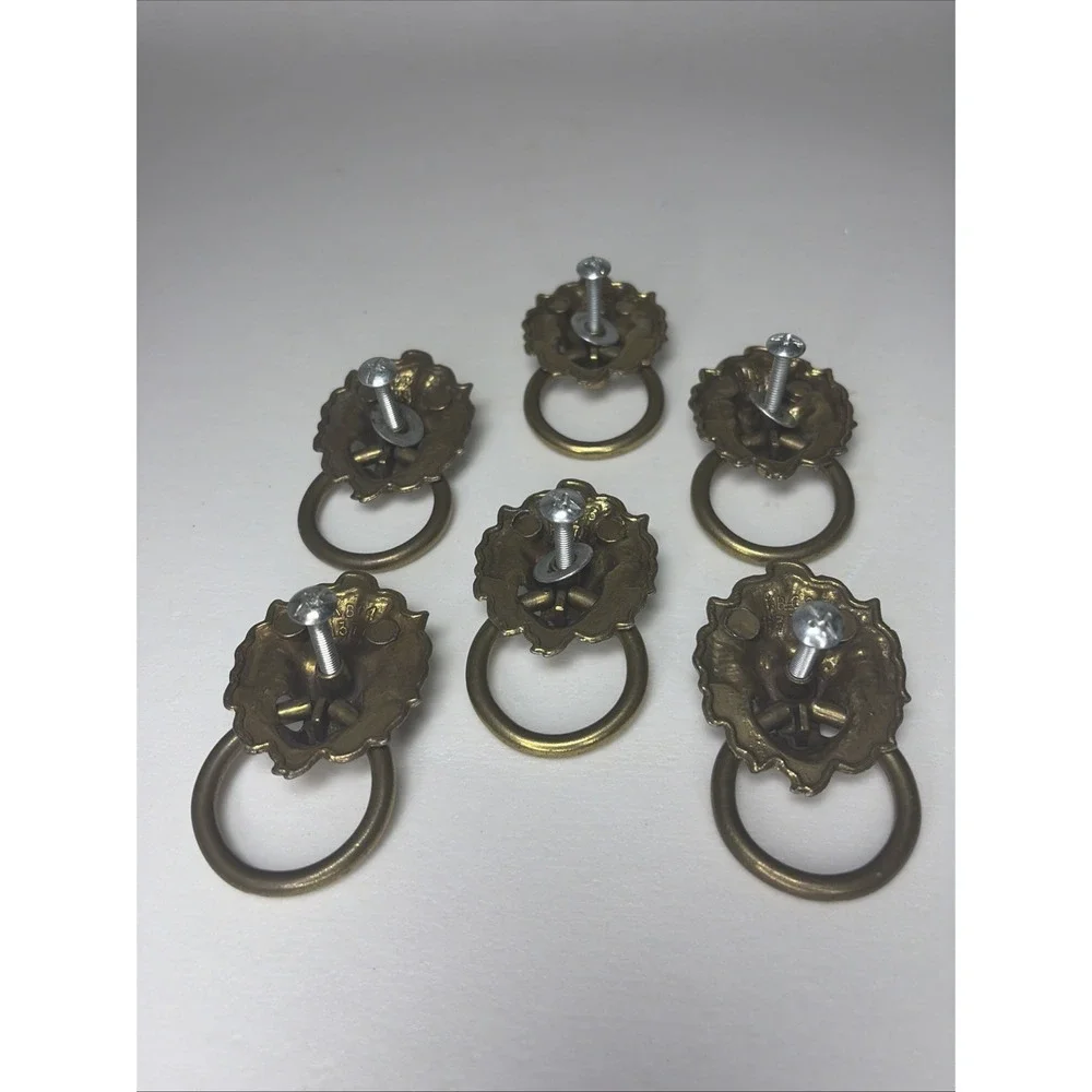 Set of 6 Solid Brass Lion Head Drawer Pulls Ring Handles Cabinet Hardware VNTG